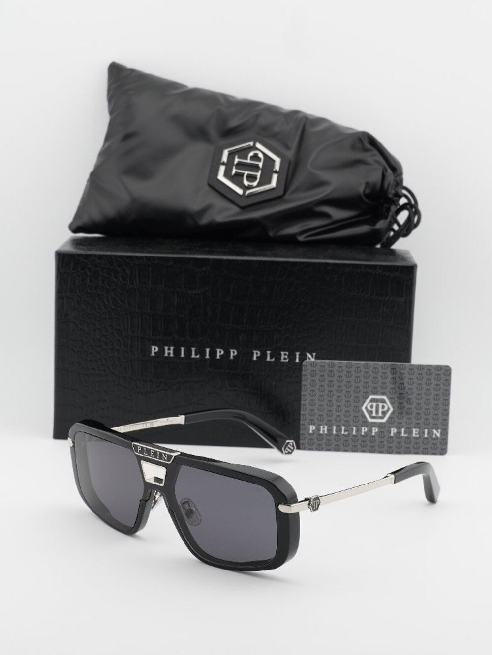 Philipp Plein SPP008M 0700 Aviator Sunglasses – Shiny Black/Grey